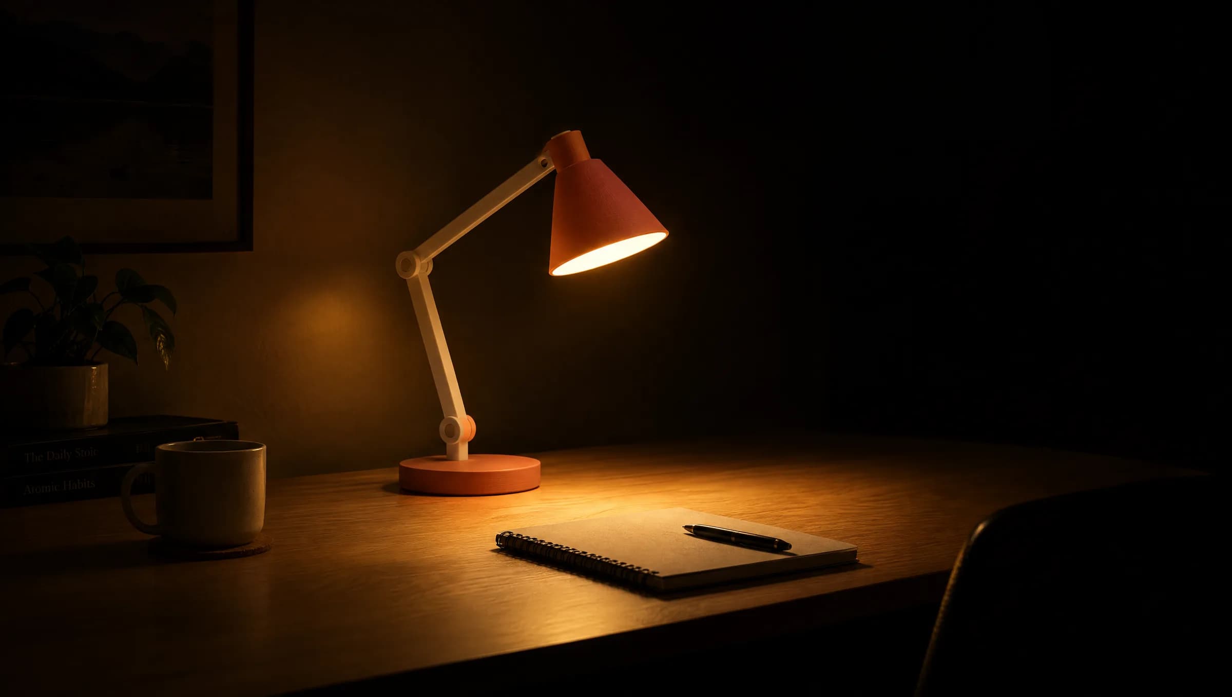 The same desk at night with the lamp switched on, casting a warm pool of light.
